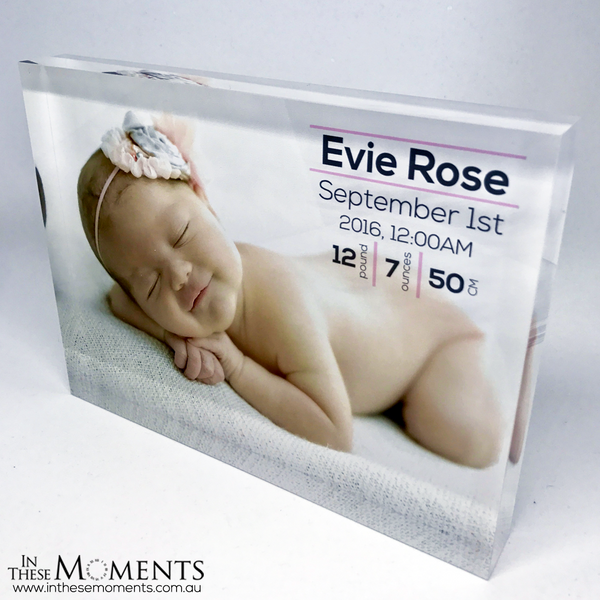 Newborn baby details on acrylic photo block 